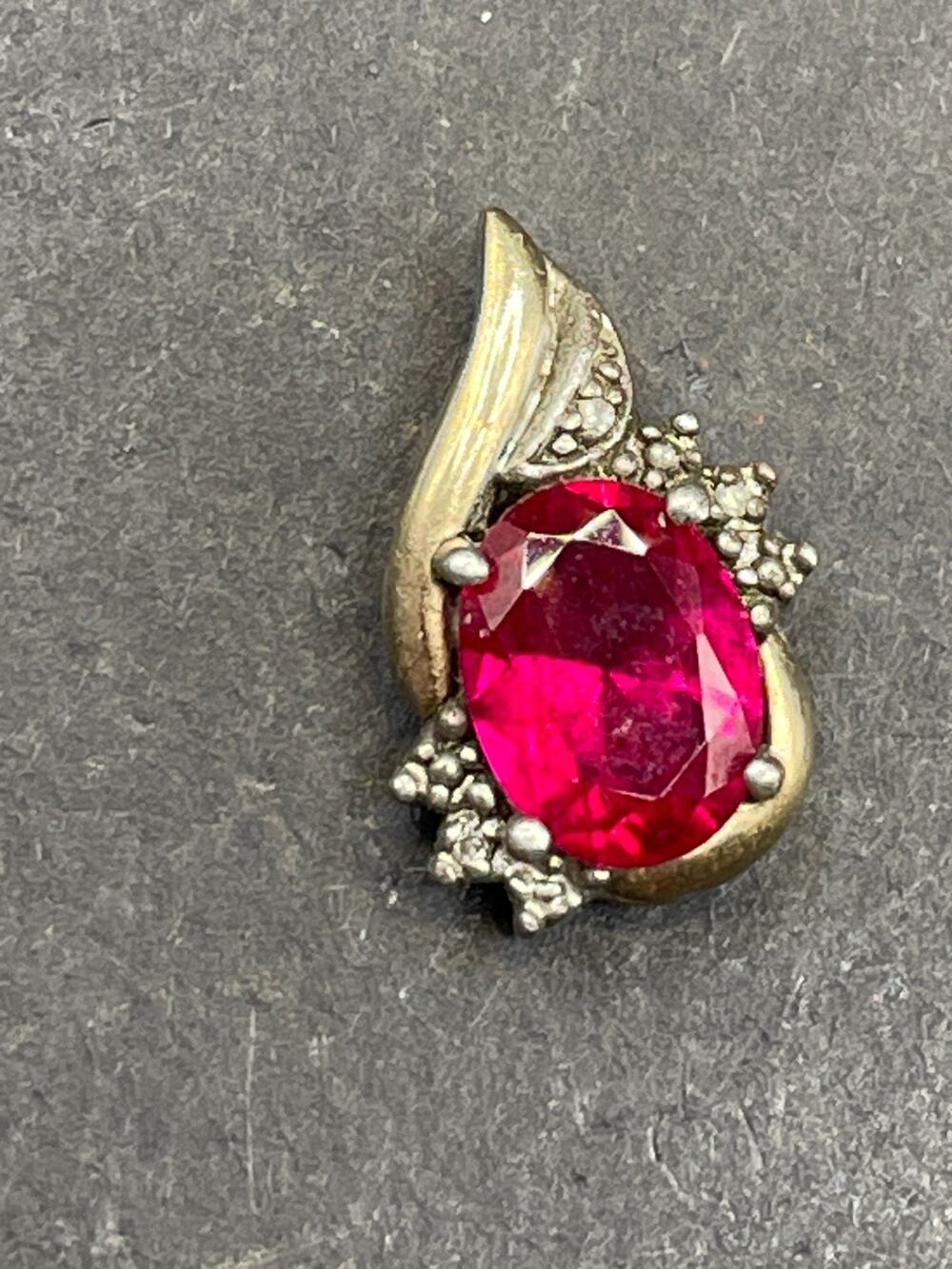 Signed AU 925 Sterling Silver 10k Gold Ruby & Diamond Accent Charm Pendant 1.68g